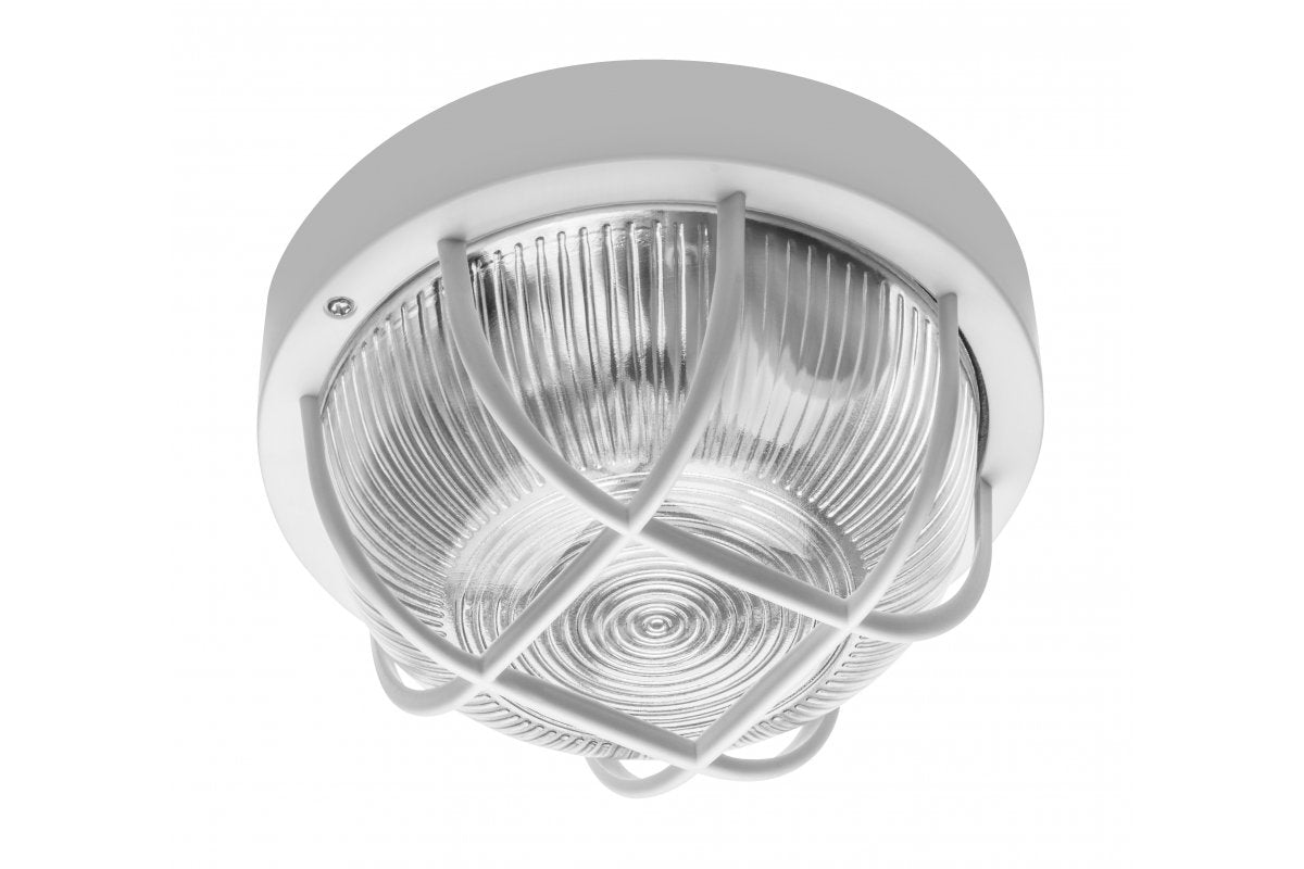 Bulkhead fixture IBIZA with grille, max 40W, E27, AC220-240V, 50-60Hz, IP44, ABS/glass/plastic grille, white housing