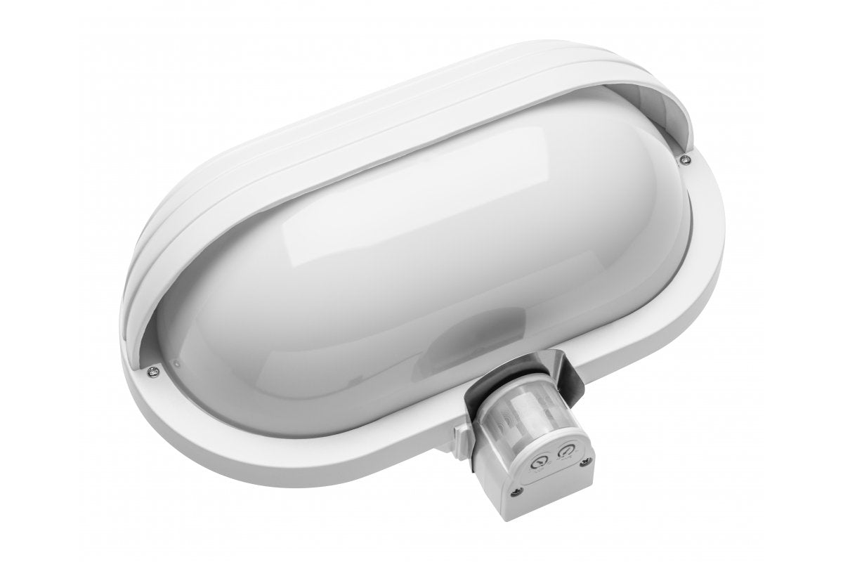 Bulkhead fixture with sensor, max 60W, E27, AC220-240V, 50/60Hz,  beam angle 180*, IP40, white housing