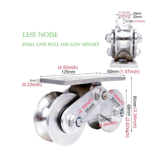 Groove Wheel U Heavy Duty Rigid Caster Double Pulley Silent Detachable Stainless for Inverted Track Sliding Gate Loading Capacity 3000Kg/6600 lbs