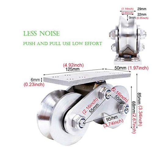 Groove Wheel U Heavy Duty Rigid Caster Double Pulley Silent Detachable Stainless for Inverted Track Sliding Gate Loading Capacity 3000Kg/6600 lbs