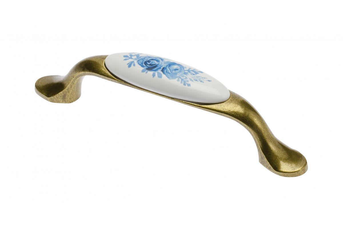 Porcelain handle 728-P C=96mm antique brass A-Blue Rose