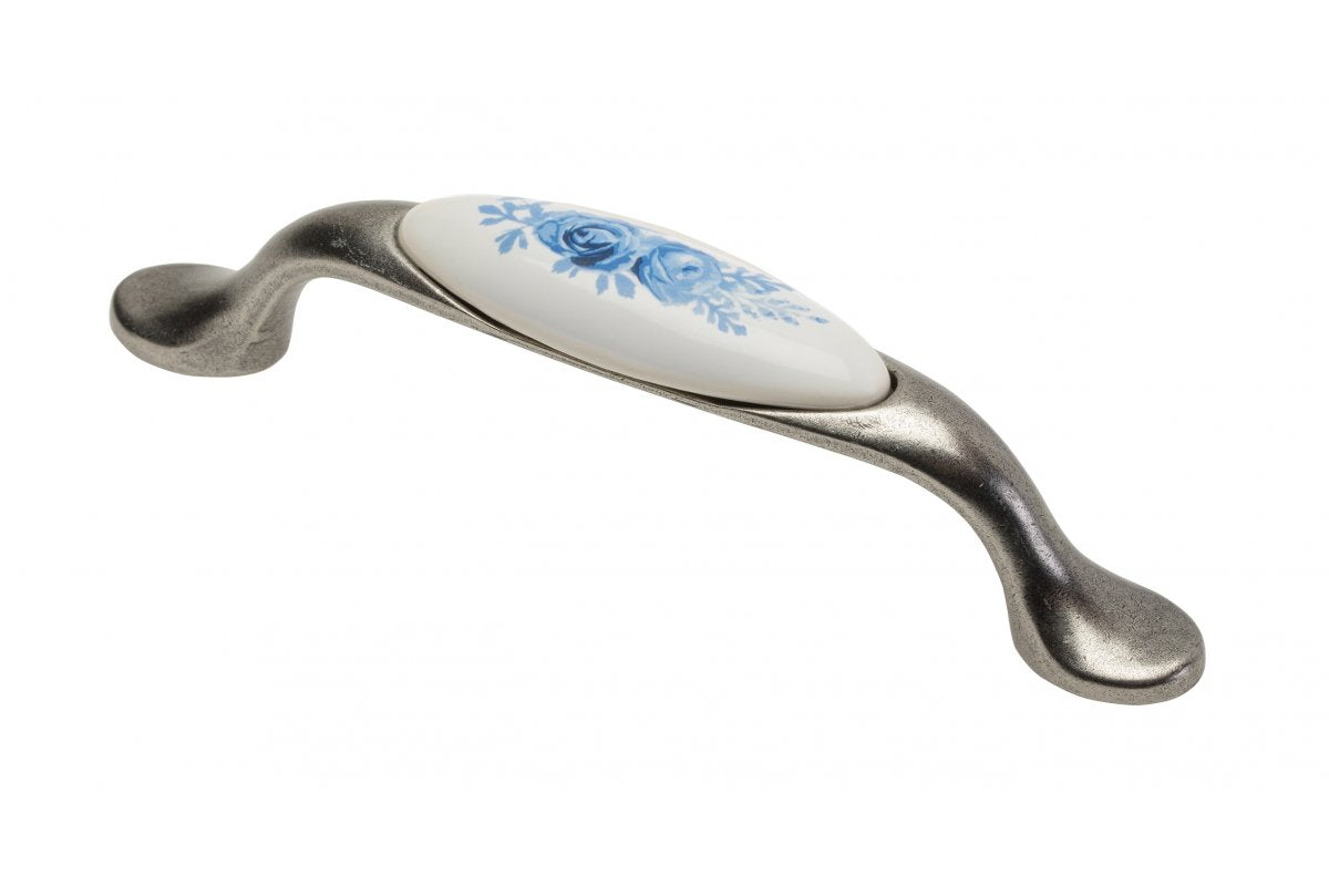 Porcelain handle 728-P C=96mm antique silver A-Blue Rose