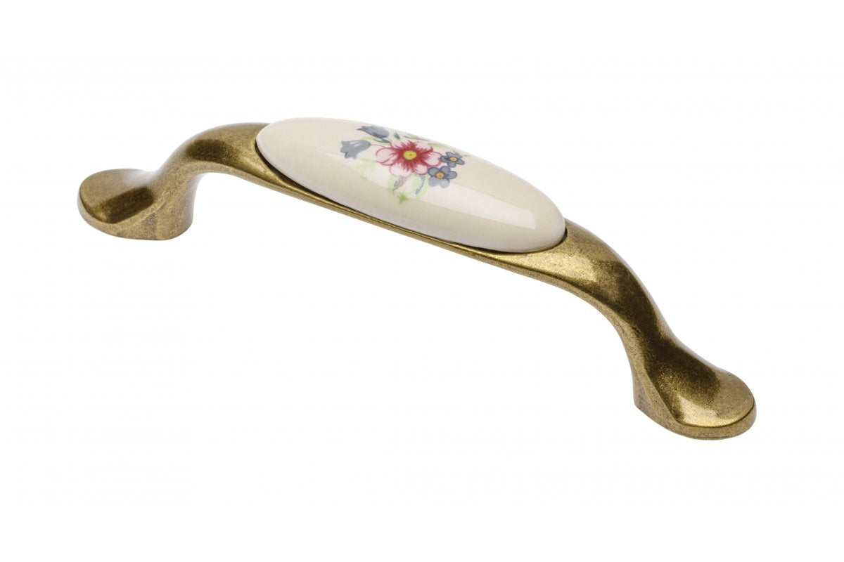 Porcelain handle 728P C=96mm antique brass R-pink flower