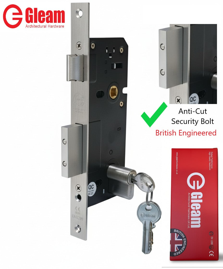 Gleam Mortise Lock 85/45 SS with 70mm Brass Cylinder England