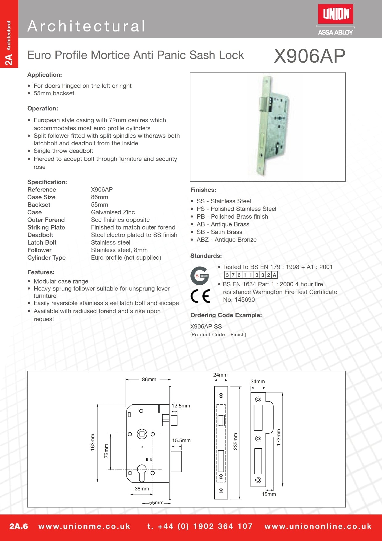 Union Mortise Anti Panic X906AP 55/72