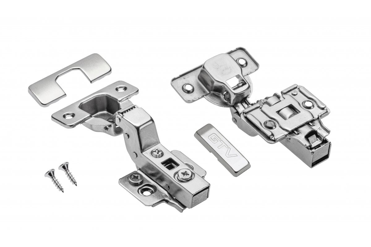 Hydraulic hinge recessed, with eccentric adjustment on the arm and on the slide, H=0, without direct fixing screws