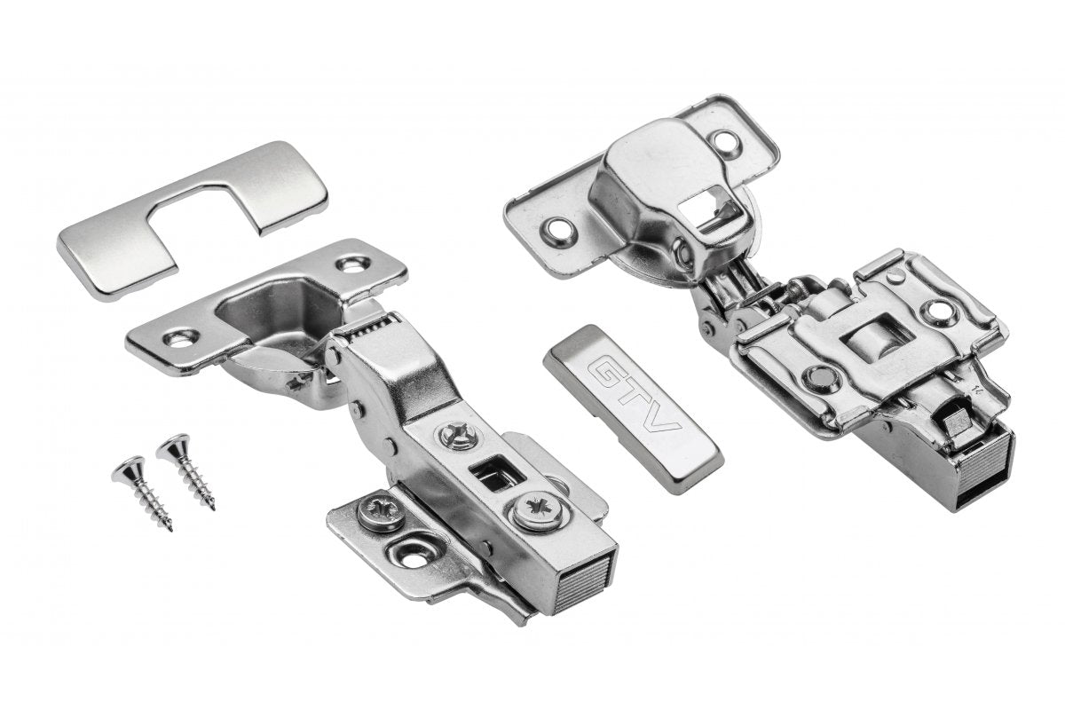 Hydraulic hinge half-recessed, with eccentric adjustment on the arm and on the slide, H=0, without direct fixing screws