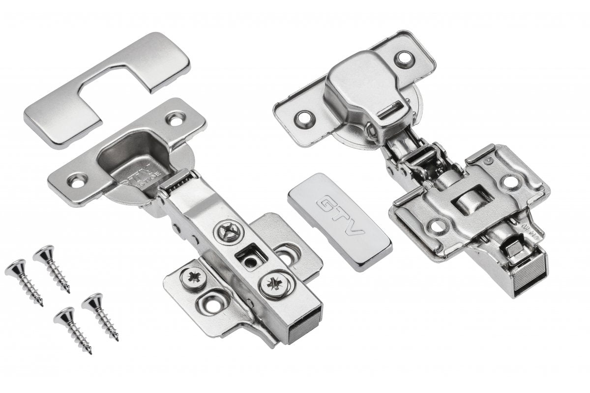 Hydraulic hinge, straight, with eccentric adjustment on the arm and on the slide, H=0, without direct fixing screws