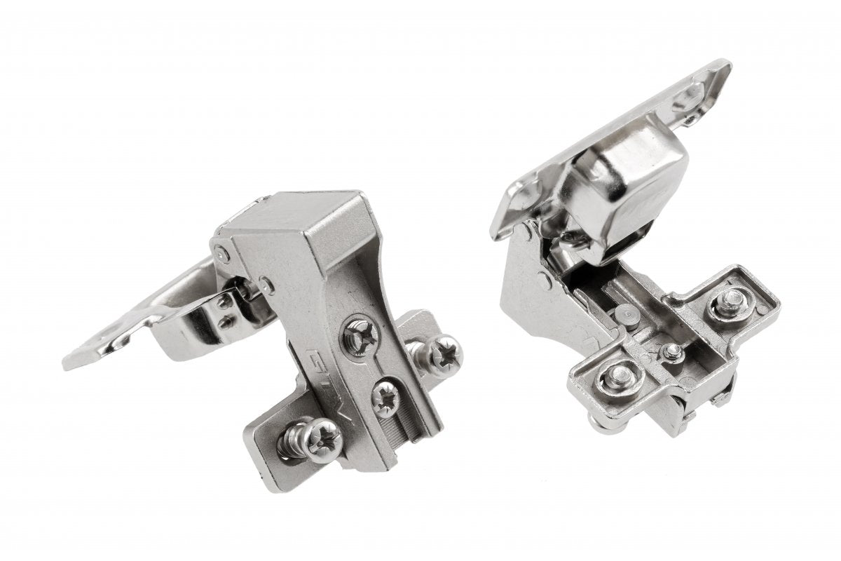 Hydraulic 90° angle hinge, short arm, slide on, H=0 guide with euro screws