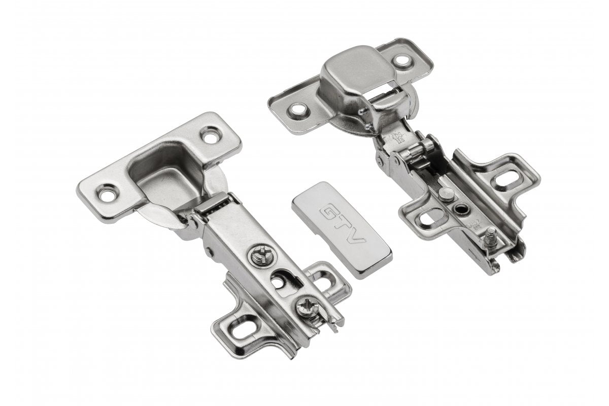 Push-open hinge, 110 deg., slide on, 45mm hole distance on cup, without screws on plate