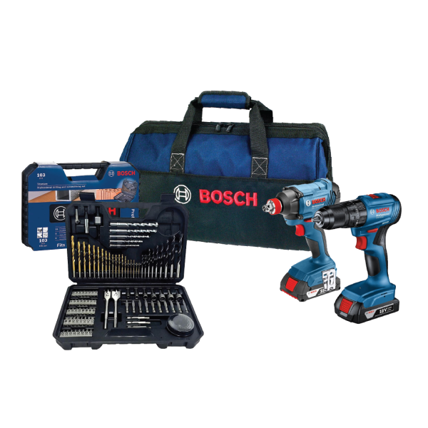 Bosch Cordless Impact Wrench Lithium Ion 18V (2 x 2Ah) GDX 180-LI 06019H5106 + Cordless Impact Drill GSB 18V-50 06019G52L0 + 103 Pcs Drill Bit + Tool Bag