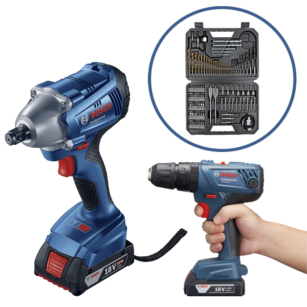 Bosch Cordless Impact Wrench Lithium Ion 18V (2 x 4Ah) GDS 250-Li + Cordless Impact Drill GSB 180-Li + 103pcs + 27pcs Accessories Set (P)