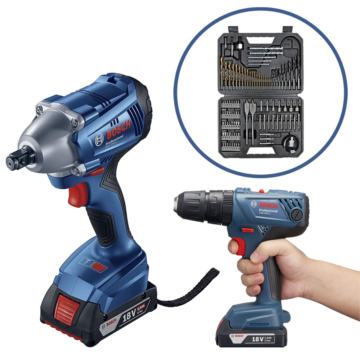Bosch Cordless Impact Wrench Lithium Ion 18V (2 x 4Ah) GDS 250-Li + Cordless Impact Drill GSB 180-Li + 103pcs + 27pcs Accessories Set (P)