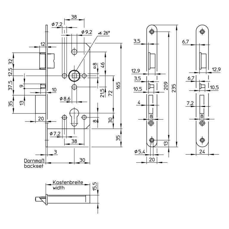 Wilka Germany Mortise Lock 55mm Backset 72mm Center 5495.007102