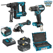 Makita 18V Li-ion C/Less Rotary Hammer, D.Drill & A.Grinder Combo + Drill & Screw Bit Set