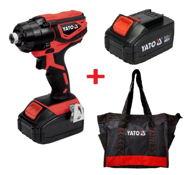 Yato Cordless Impact Screwdriver 18V w/1x2.0Ah Battery & Quick Charger Color Box YT-82800 + 4.0Ah Battery YT-82844 + Tool Bag YT-74402